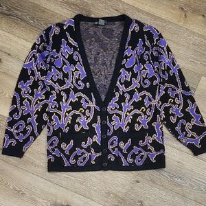 Counterparts Bold Metallic Black Purple Gold Button Down Chunky Cardigan Abstrac